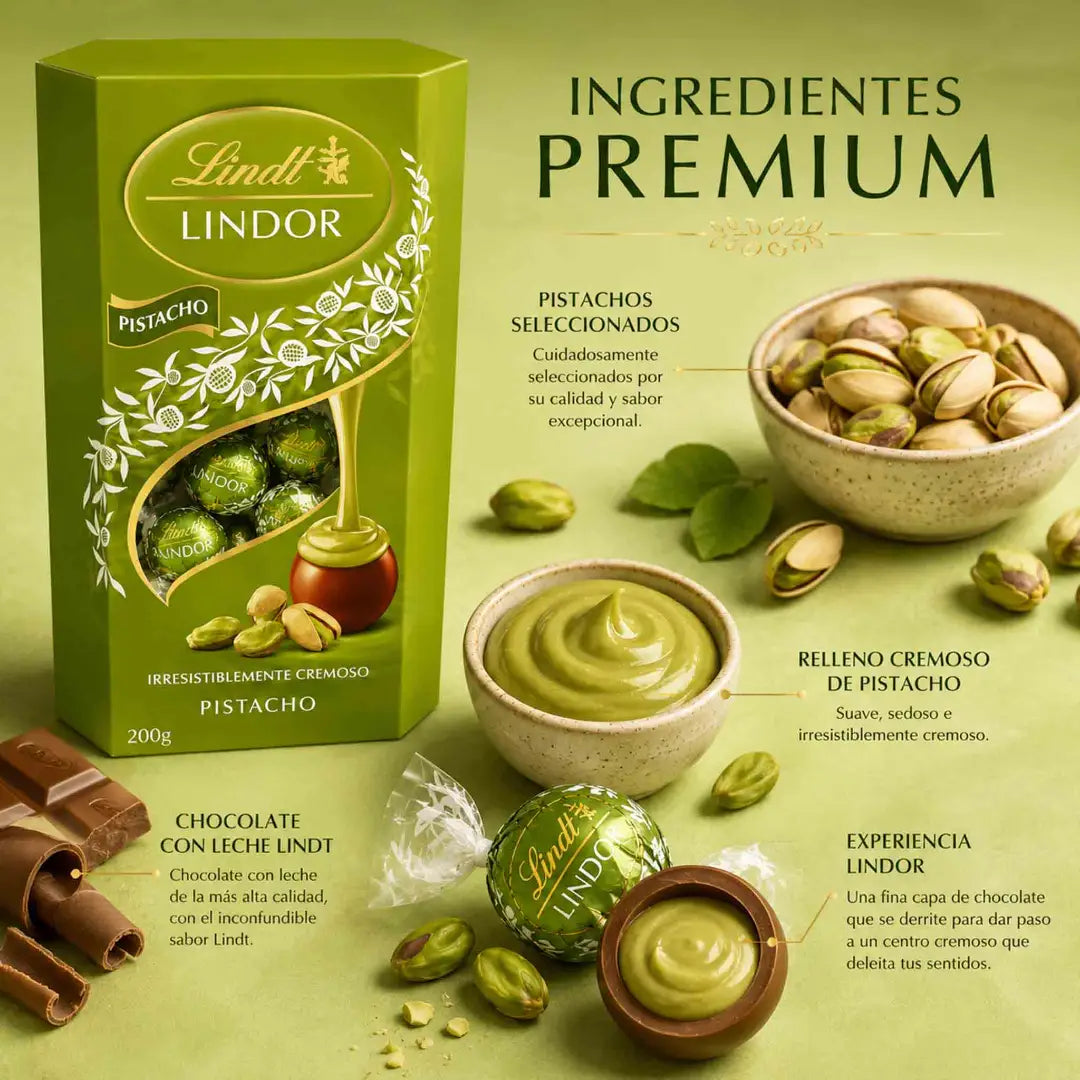 Bombones Lindt Lindor Pistacho en caja de 200 g con chocolate con leche y relleno cremoso de pistacho