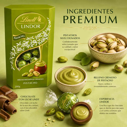 Bombones Lindt Lindor Pistacho en caja de 200 g con chocolate con leche y relleno cremoso de pistacho