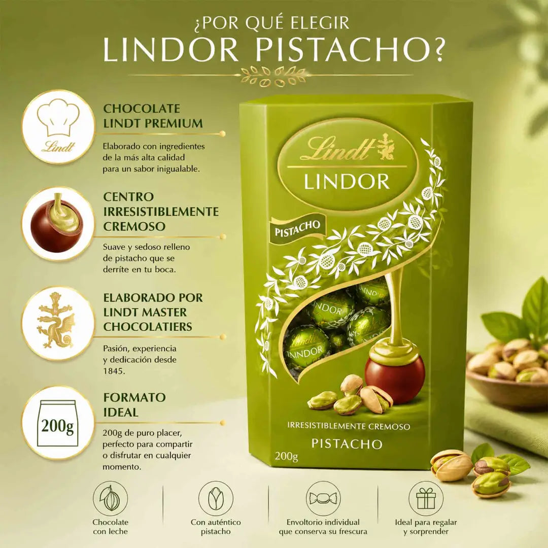 Bombones Lindt Lindor Pistacho en caja de 200 g con chocolate con leche y relleno cremoso de pistacho