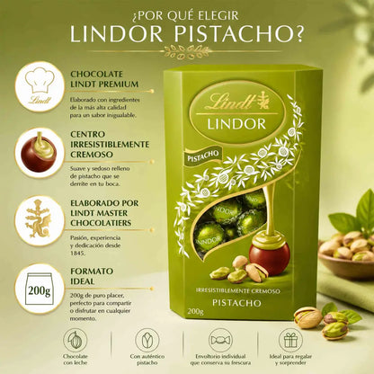 Bombones Lindt Lindor Pistacho en caja de 200 g con chocolate con leche y relleno cremoso de pistacho