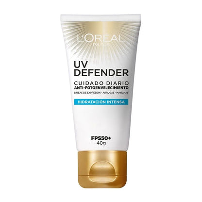 Crema facial L'Oréal Paris UV Defender FPS50+ hidratación intensa con ácido hialurónico en tubo de 40g