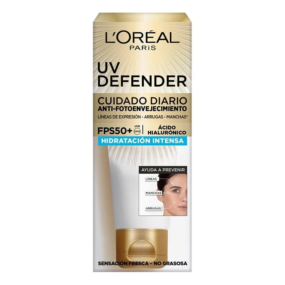 Crema facial L'Oréal Paris UV Defender FPS50+ hidratación intensa con ácido hialurónico en tubo de 40g