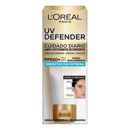 Crema facial L'Oréal Paris UV Defender FPS50+ hidratación intensa con ácido hialurónico en tubo de 40g