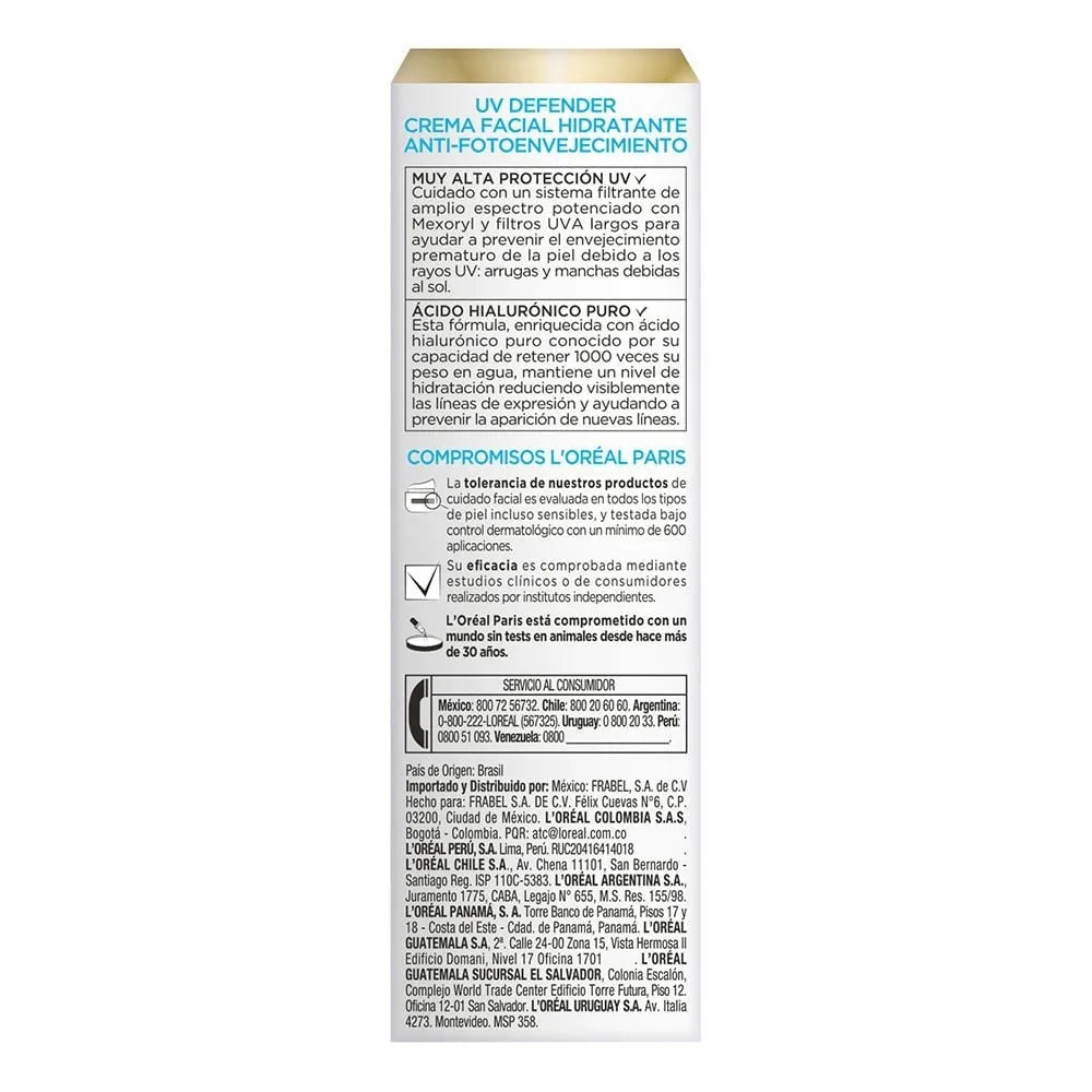 Crema facial L'Oréal Paris UV Defender FPS50+ hidratación intensa con ácido hialurónico en tubo de 40g