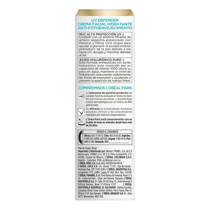 Crema facial L'Oréal Paris UV Defender FPS50+ hidratación intensa con ácido hialurónico en tubo de 40g