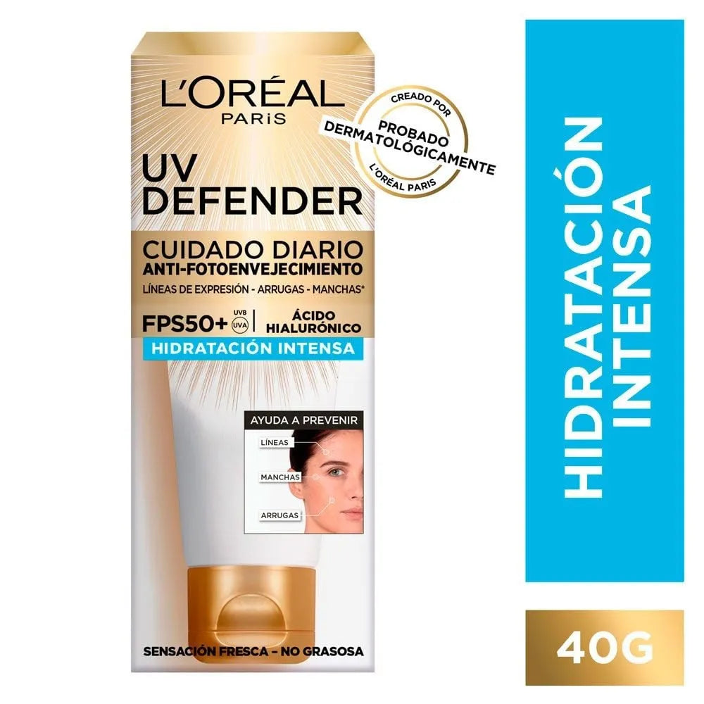 Crema facial L'Oréal Paris UV Defender FPS50+ hidratación intensa con ácido hialurónico en tubo de 40g