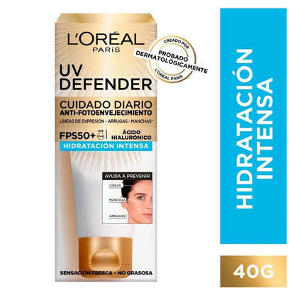 Crema facial L'Oréal Paris UV Defender FPS50+ hidratación intensa con ácido hialurónico en tubo de 40g