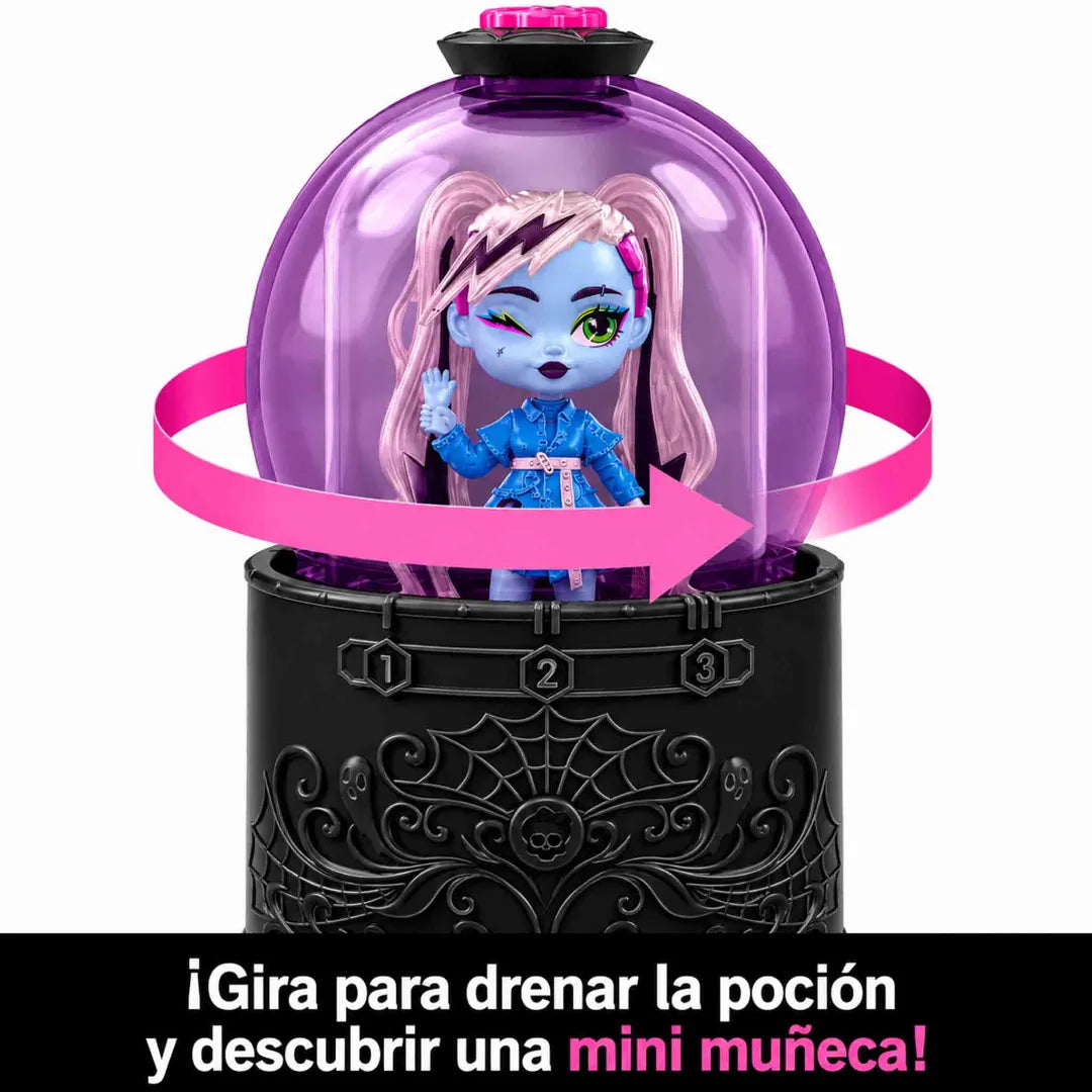 Botella Monster High Potions Mattel con mini muñeca sorpresa coleccionable y 2 accesorios.