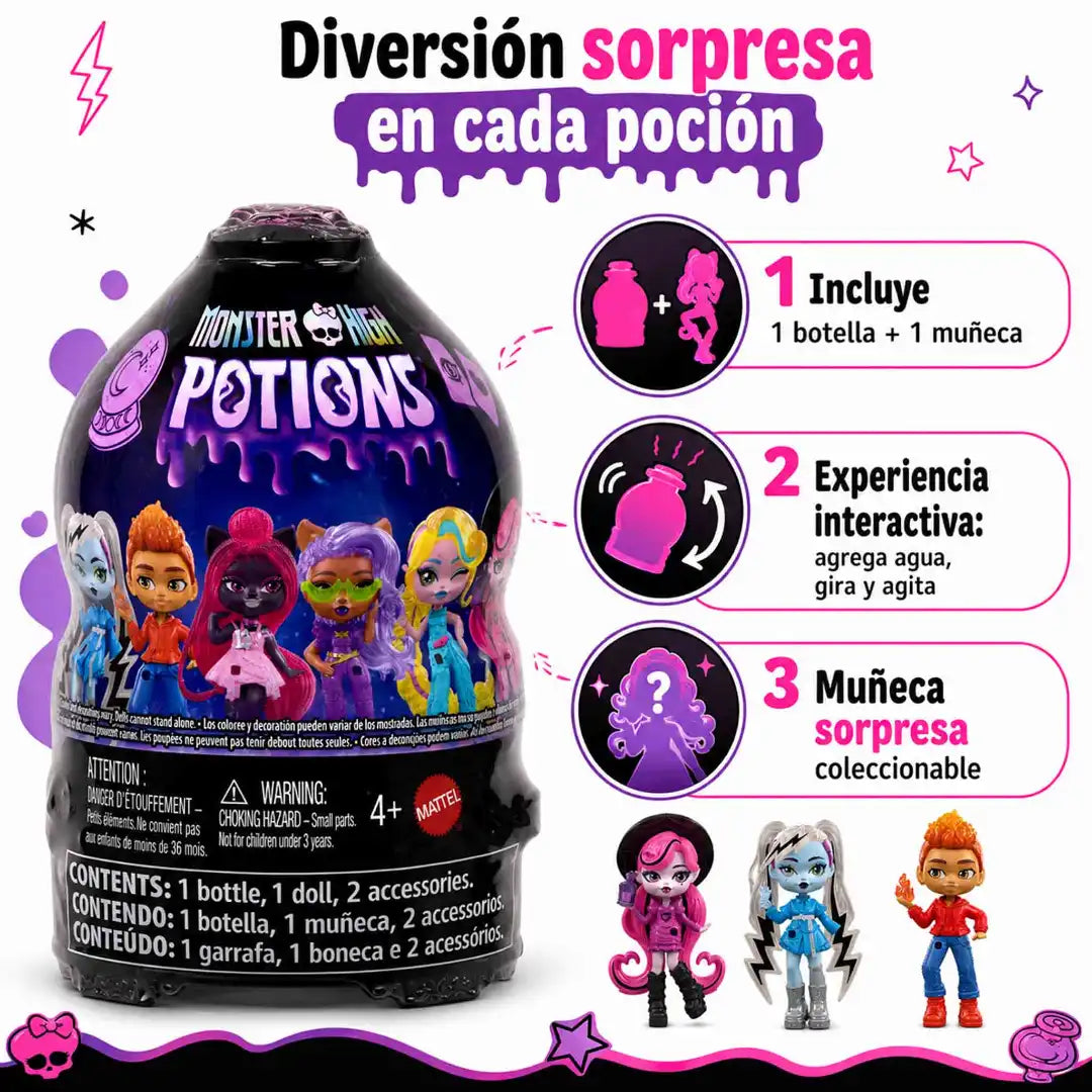 Botella Monster High Potions Mattel con mini muñeca sorpresa coleccionable y 2 accesorios.