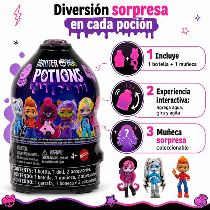 Botella Monster High Potions Mattel con mini muñeca sorpresa coleccionable y 2 accesorios.