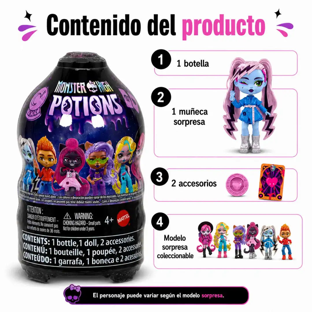 Botella Monster High Potions Mattel con mini muñeca sorpresa coleccionable y 2 accesorios.