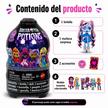 Botella Monster High Potions Mattel con mini muñeca sorpresa coleccionable y 2 accesorios.