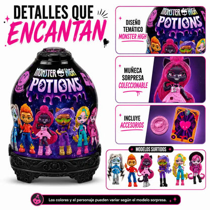 Botella Monster High Potions Mattel con mini muñeca sorpresa coleccionable y 2 accesorios.
