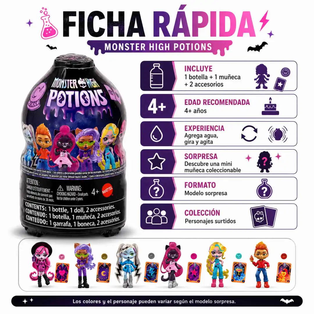 Botella Monster High Potions Mattel con mini muñeca sorpresa coleccionable y 2 accesorios.