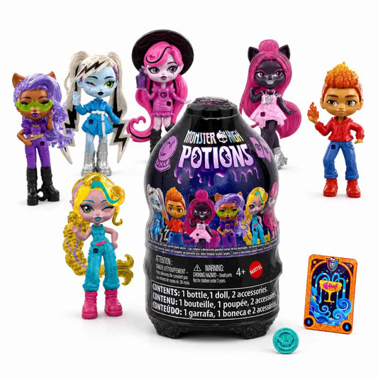 Botella Monster High Potions Mattel con mini muñeca sorpresa coleccionable y 2 accesorios.