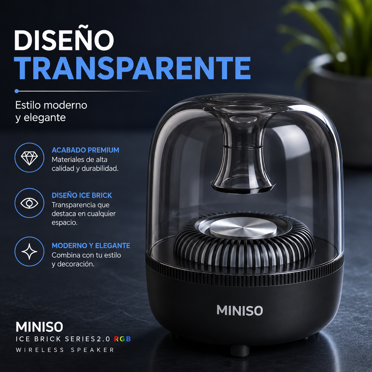 Parlante Miniso Ice Brick Series 2.0 RGB con diseño transparente, Bluetooth 5.4 y sonido de 5W.