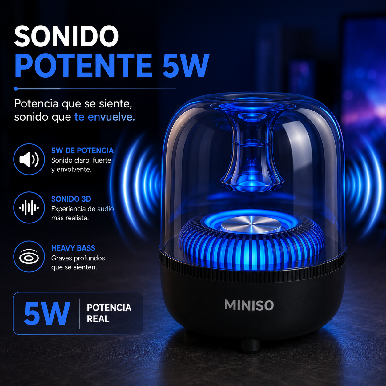 Parlante Miniso Ice Brick Series 2.0 RGB con diseño transparente, Bluetooth 5.4 y sonido de 5W.