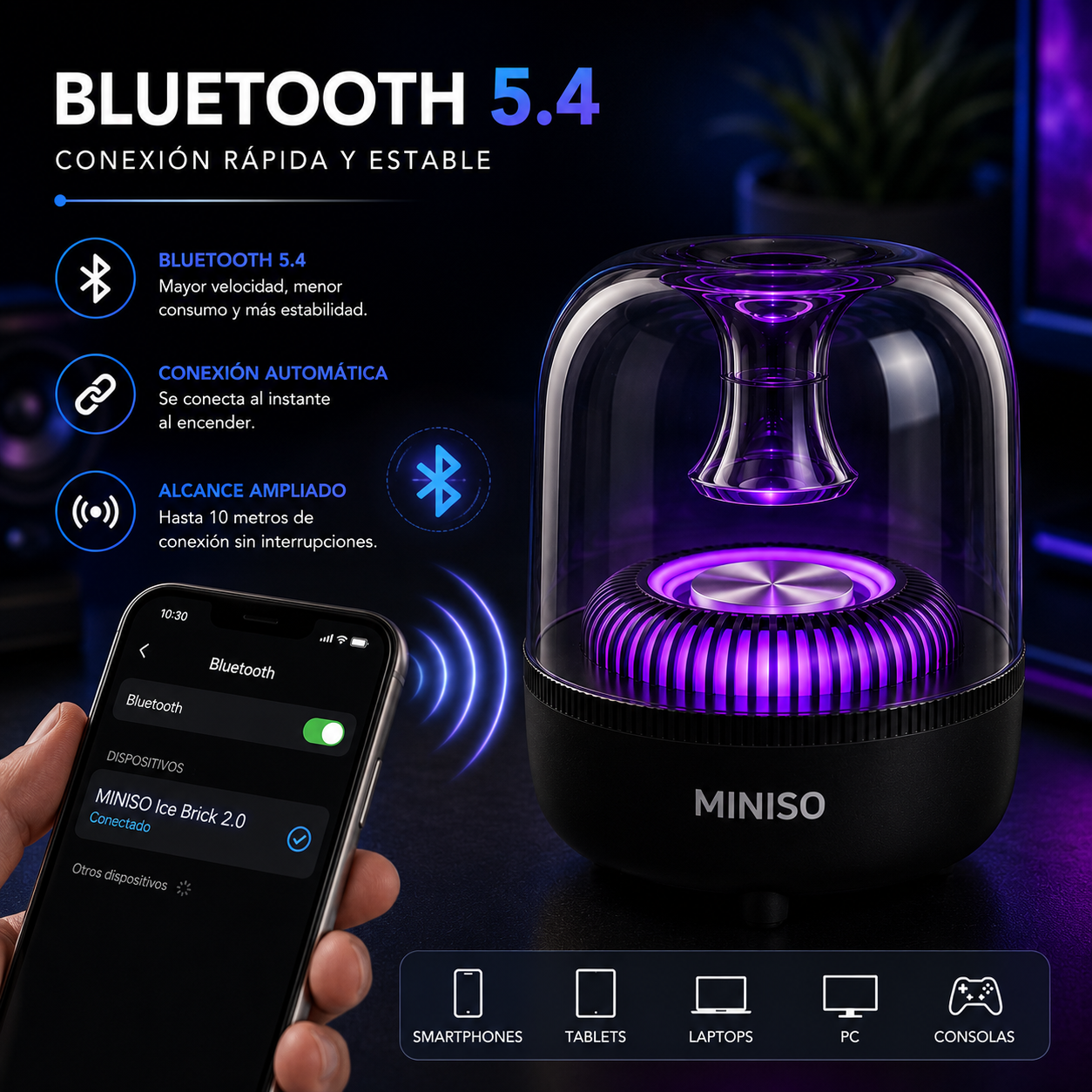 Parlante Miniso Ice Brick Series 2.0 RGB con diseño transparente, Bluetooth 5.4 y sonido de 5W.