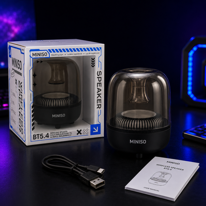 Parlante Miniso Ice Brick Series 2.0 RGB con diseño transparente, Bluetooth 5.4 y sonido de 5W.