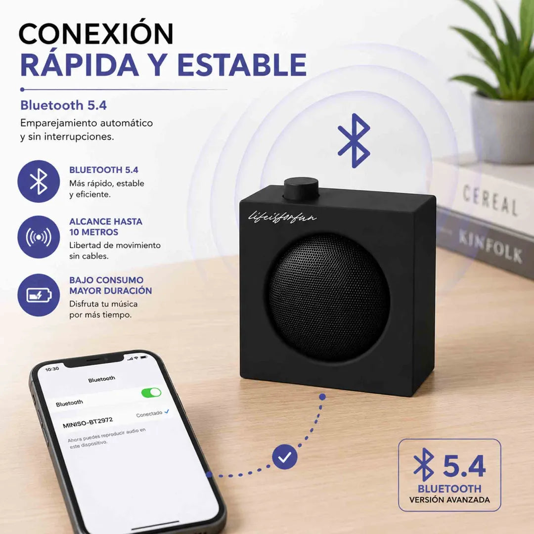 Parlante Bluetooth Miniso BT 5.4 negro compacto, portátil, con potencia 5W y batería recargable.