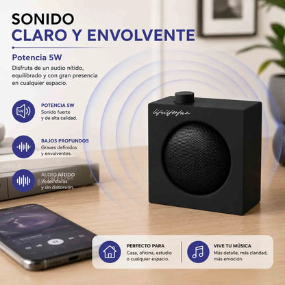 Parlante Bluetooth Miniso BT 5.4 negro compacto, portátil, con potencia 5W y batería recargable.