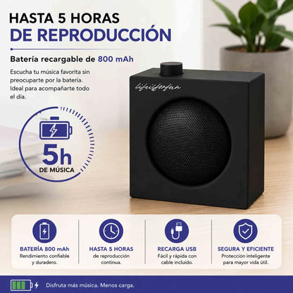 Parlante Bluetooth Miniso BT 5.4 negro compacto, portátil, con potencia 5W y batería recargable.