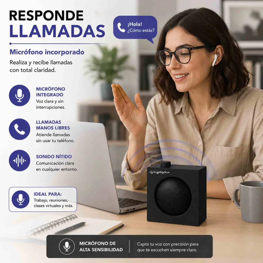 Parlante Bluetooth Miniso BT 5.4 negro compacto, portátil, con potencia 5W y batería recargable.