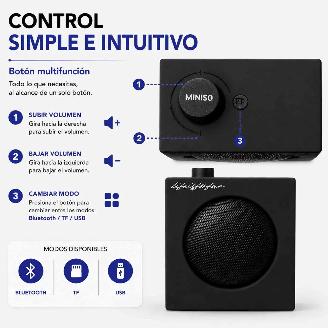 Parlante Bluetooth Miniso BT 5.4 negro compacto, portátil, con potencia 5W y batería recargable.