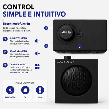 Parlante Bluetooth Miniso BT 5.4 negro compacto, portátil, con potencia 5W y batería recargable.