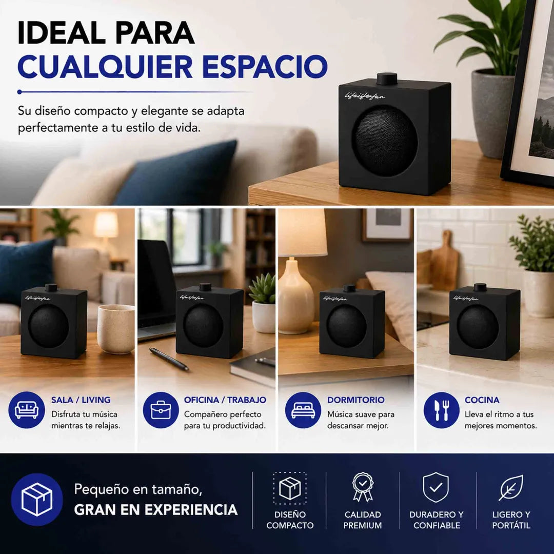 Parlante Bluetooth Miniso BT 5.4 negro compacto, portátil, con potencia 5W y batería recargable.