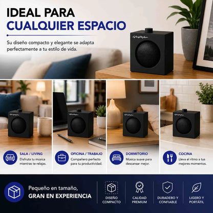 Parlante Bluetooth Miniso BT 5.4 negro compacto, portátil, con potencia 5W y batería recargable.