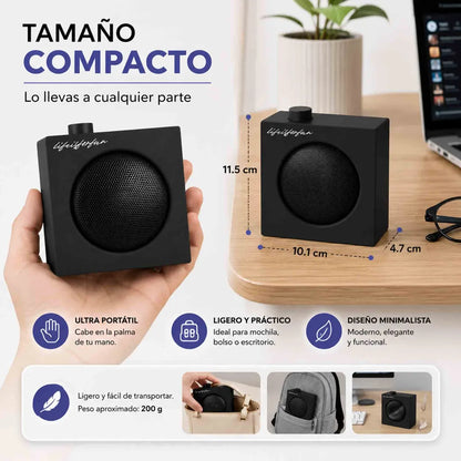 Parlante Bluetooth Miniso BT 5.4 negro compacto, portátil, con potencia 5W y batería recargable.