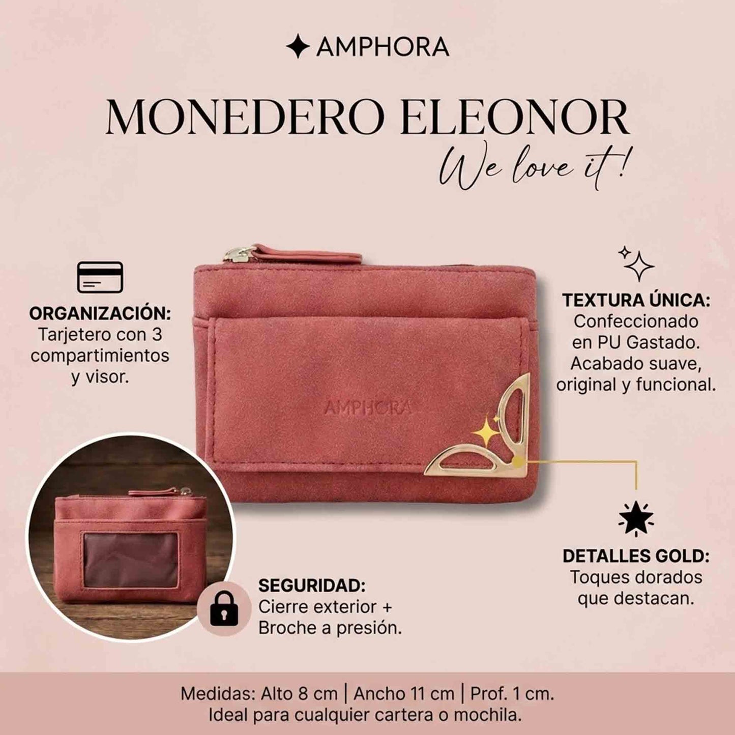 Monedero Mujer Amphora Terracota con Cierre y Tarjetero
