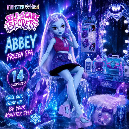 Muñeca Monster High Abbey Bominable Self-Scare Secrets con accesorios Frozen Spa y 14 piezas