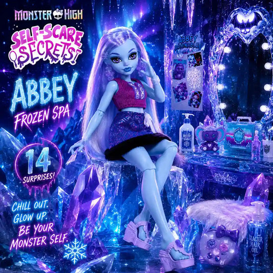 Muñeca Monster High Abbey Bominable Self-Scare Secrets con accesorios Frozen Spa y 14 piezas