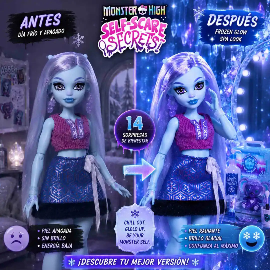 Muñeca Monster High Abbey Bominable Self-Scare Secrets con accesorios Frozen Spa y 14 piezas