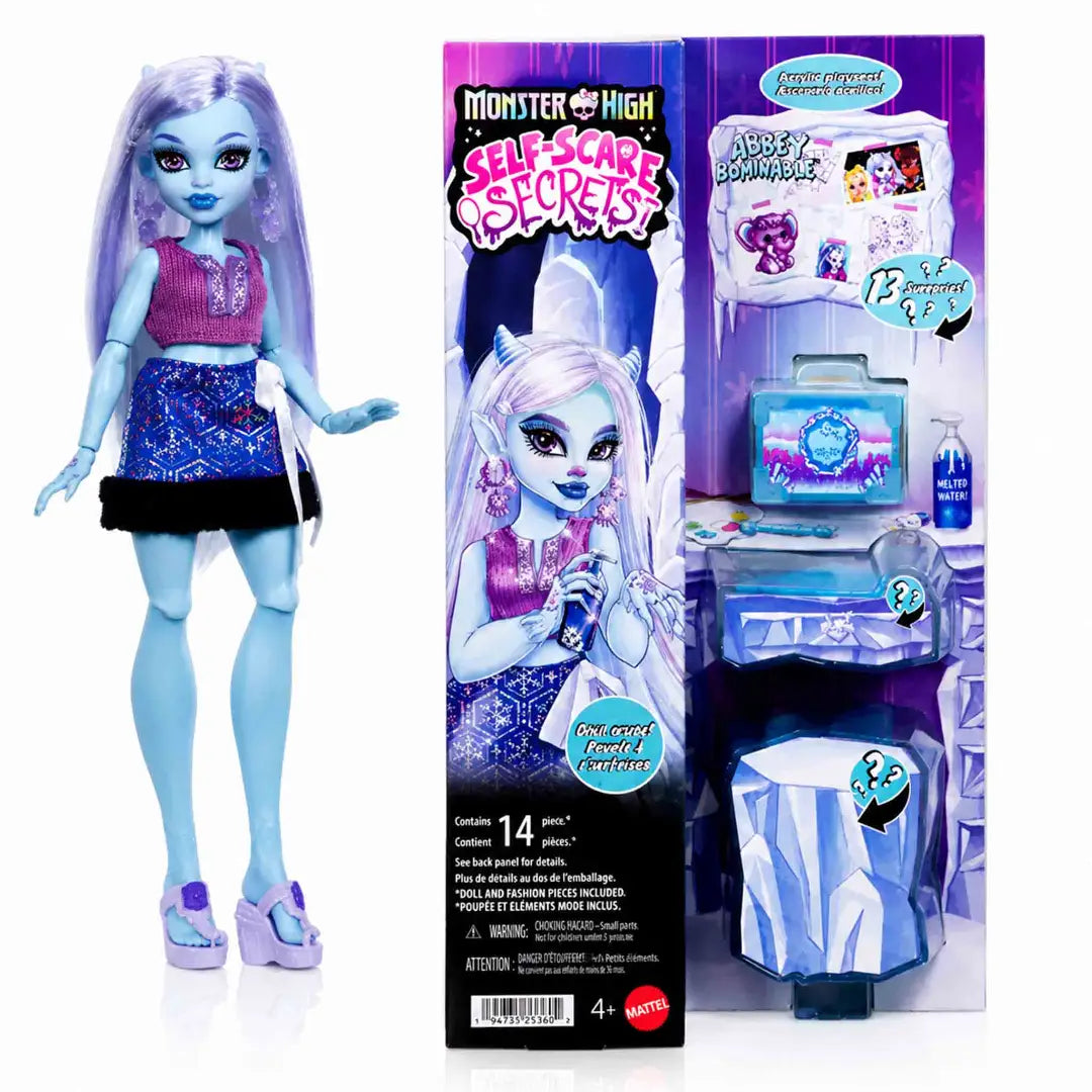 Muñeca Monster High Abbey Bominable Self-Scare Secrets con accesorios Frozen Spa y 14 piezas