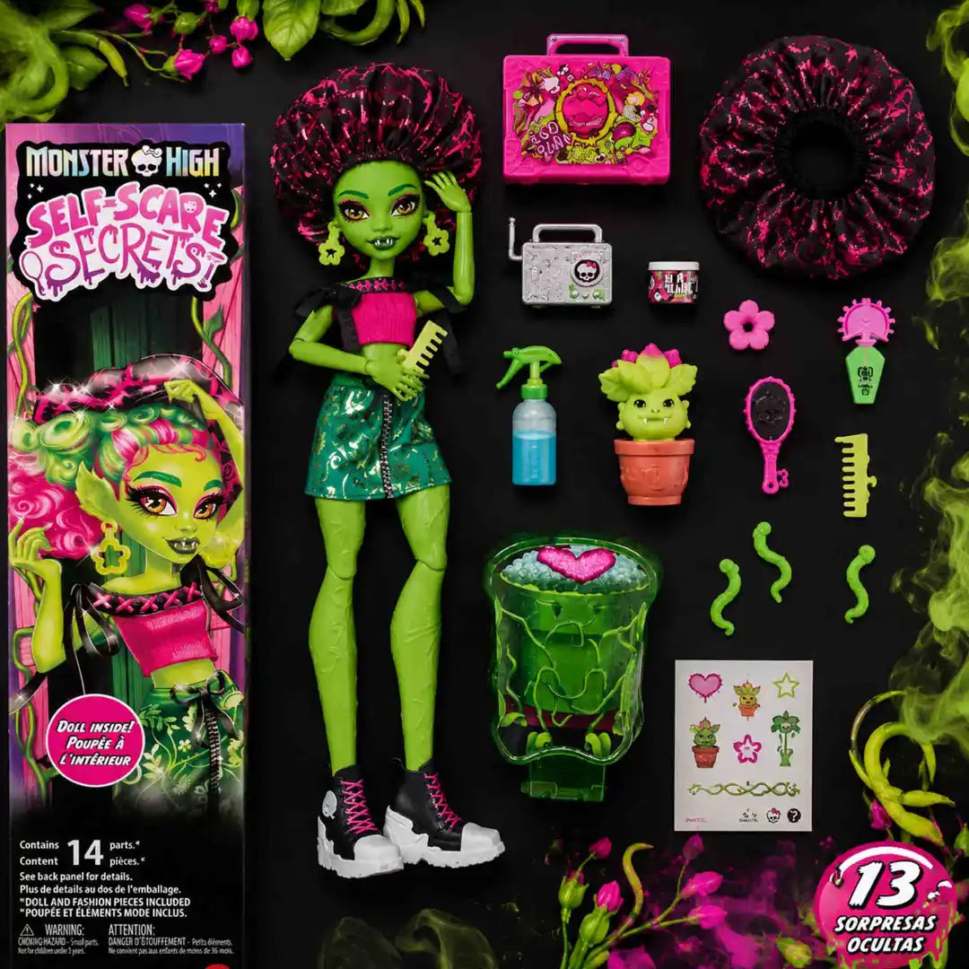 Muñeca Monster High Self-Scare Secrets Venus McFlytrap con accesorios y 14 piezas de Mattel