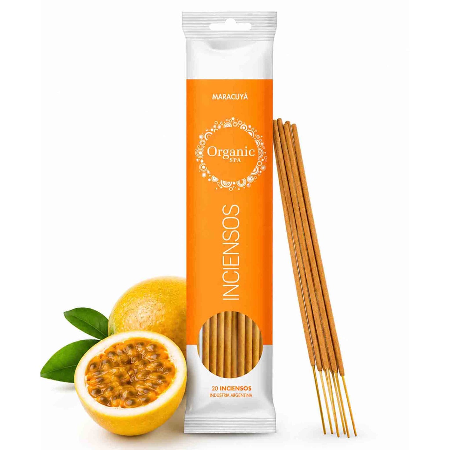 Inciensos Organic Spa aroma maracuyá con 20 unidades, empaque naranjo y fragancia dulce tropical.