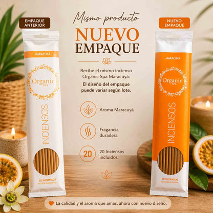 Inciensos Organic Spa aroma maracuyá con 20 unidades, empaque naranjo y fragancia dulce tropical.