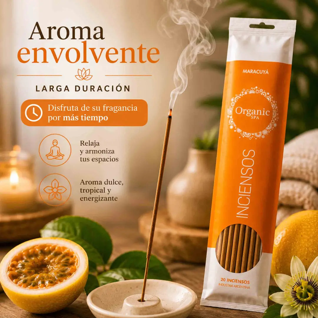 Inciensos Organic Spa aroma maracuyá con 20 unidades, empaque naranjo y fragancia dulce tropical.