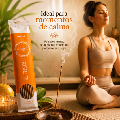 Inciensos Organic Spa aroma maracuyá con 20 unidades, empaque naranjo y fragancia dulce tropical.