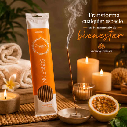 Inciensos Organic Spa aroma maracuyá con 20 unidades, empaque naranjo y fragancia dulce tropical.