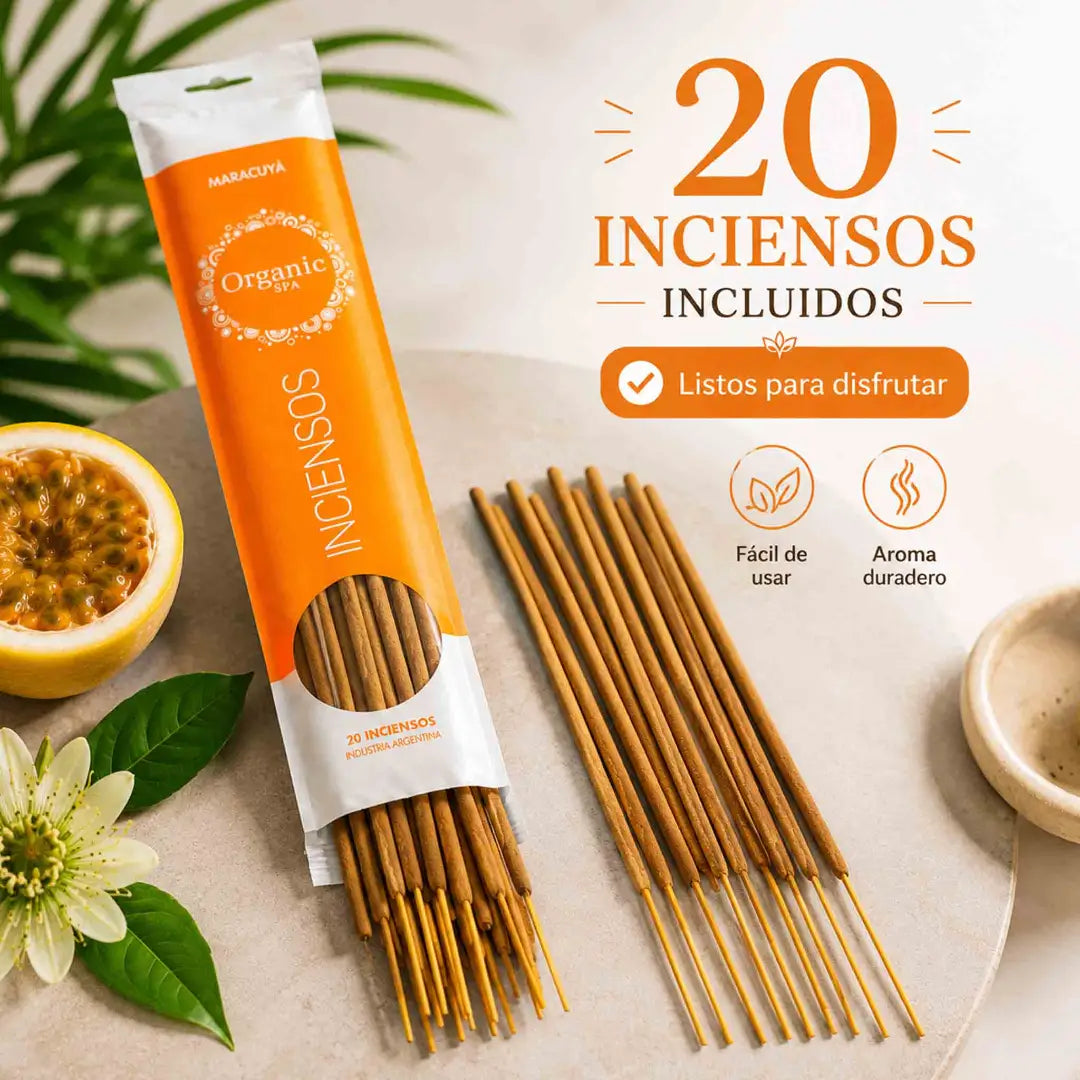 Inciensos Organic Spa aroma maracuyá con 20 unidades, empaque naranjo y fragancia dulce tropical.
