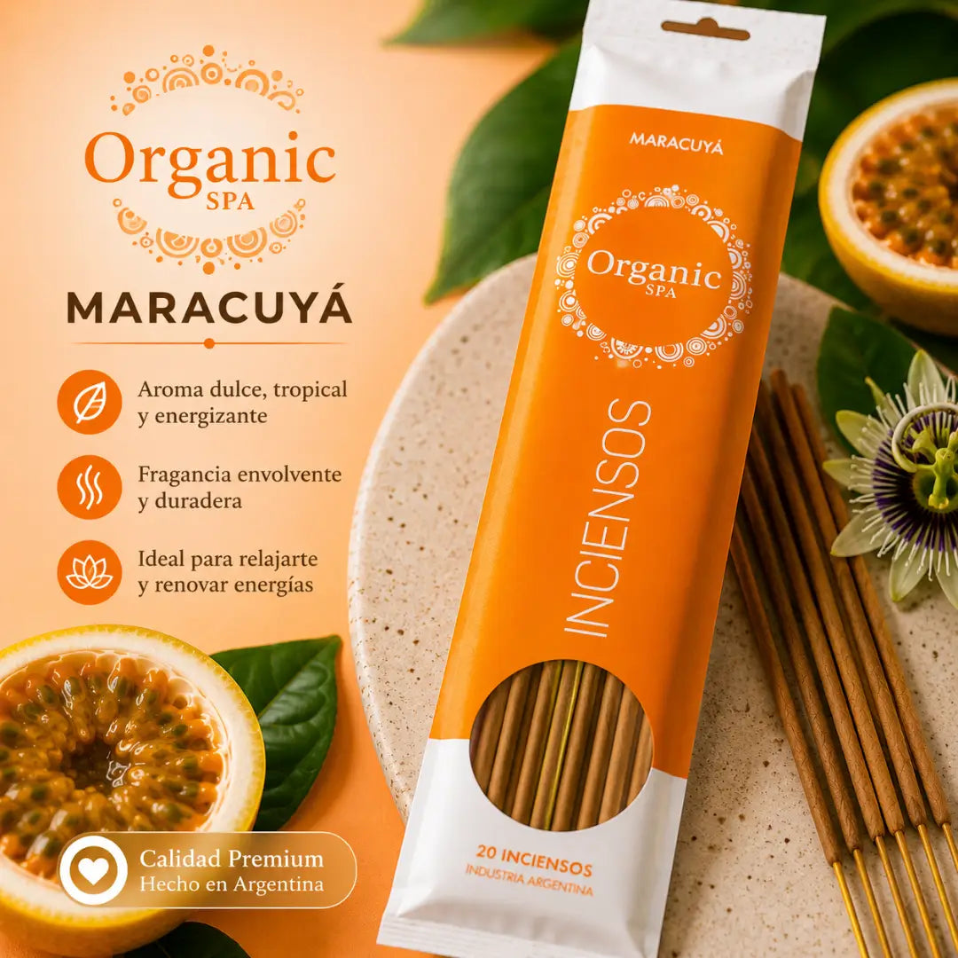 Inciensos Organic Spa aroma maracuyá con 20 unidades, empaque naranjo y fragancia dulce tropical.