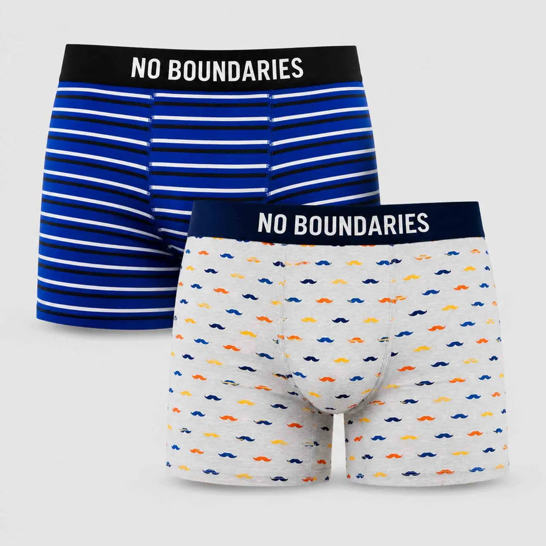 Pack de 2 bóxer No Boundaries hombre talla S - XXL, algodón y spandex con diseños azul a rayas y gris estampado