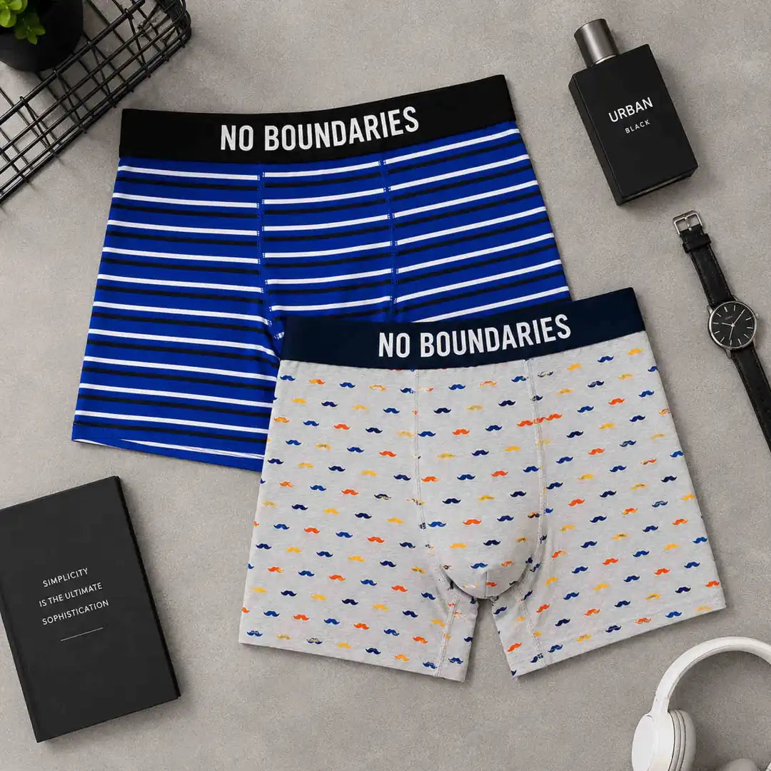 Pack de 2 bóxer No Boundaries hombre talla S - XXL, algodón y spandex con diseños azul a rayas y gris estampado