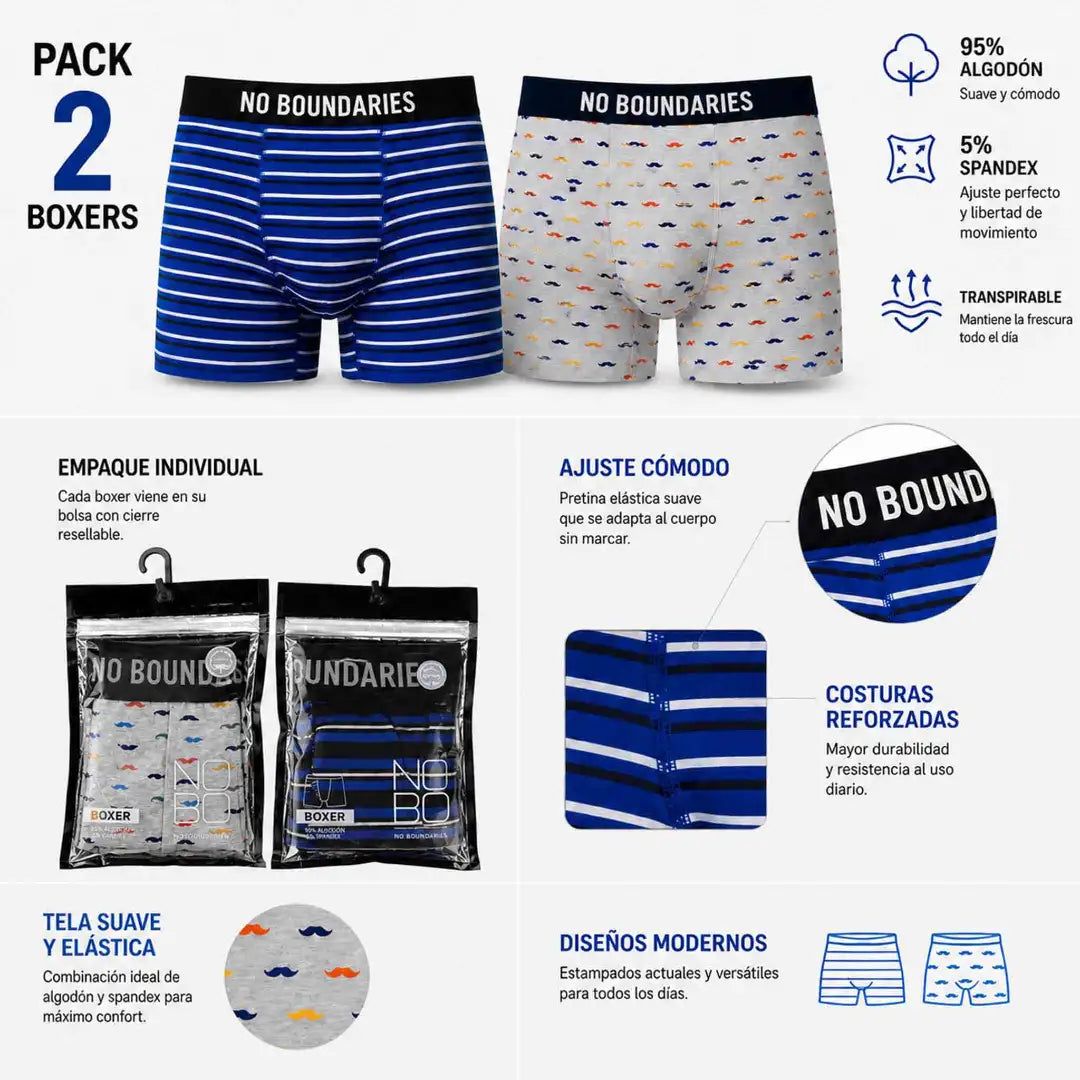 Pack de 2 bóxer No Boundaries hombre talla S - XXL, algodón y spandex con diseños azul a rayas y gris estampado