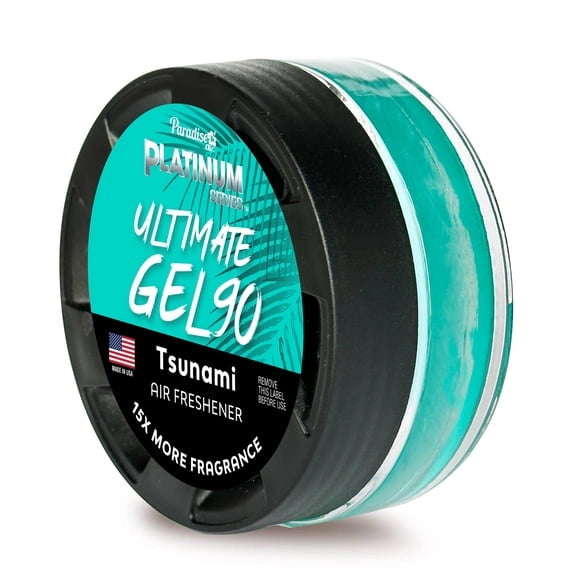 Ambientador Paradise Air Platinum Ultimate Gel 90 de 30 g en frasco de vidrio con tapa ventilada regulable.