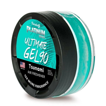 Ambientador Paradise Air Platinum Ultimate Gel 90 de 30 g en frasco de vidrio con tapa ventilada regulable.